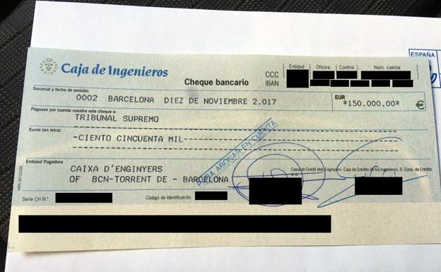 Imagen del cheque con el que se ha pagado la fianza de Forcadell./