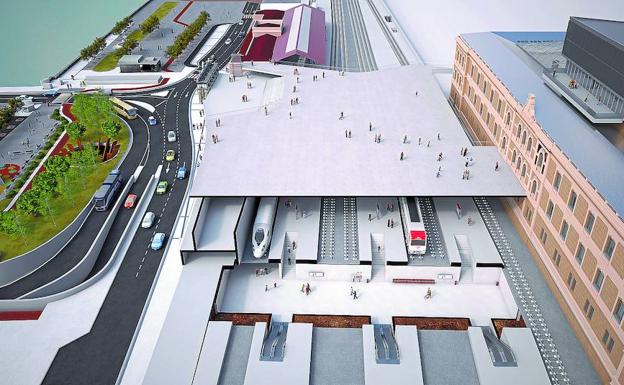 Recreación de la nueva estación de Atotxa, con los andenes cubiertos parcialmente por la gran plaza ante Tabakalera. /