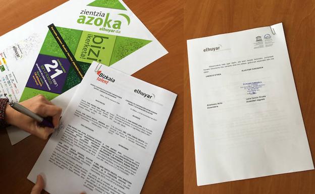 Zientzia Azokari buruzko txostena eta bi akordioak, Elhuyarrek igorritako argazkian./