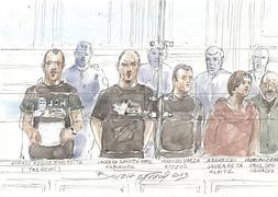 Ilustración de los 'generales' de ETA cuando 'Txeroki' lee el comunicado. / Afp/