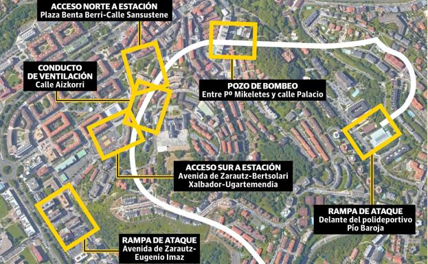 Zonas de obras para la construcción del Metro de Donostialdea entre Lugaritz y Miraconcha