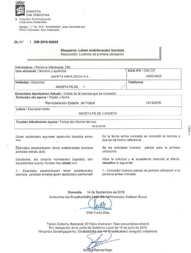 Anoeta recibe la licencia de primera utilización