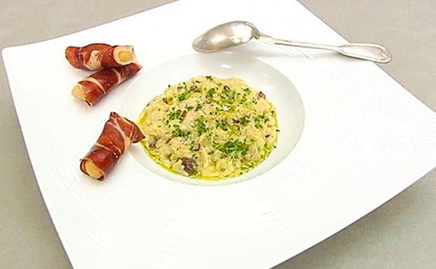 Risotto de pasta con hongos y jamón de David de Jorge