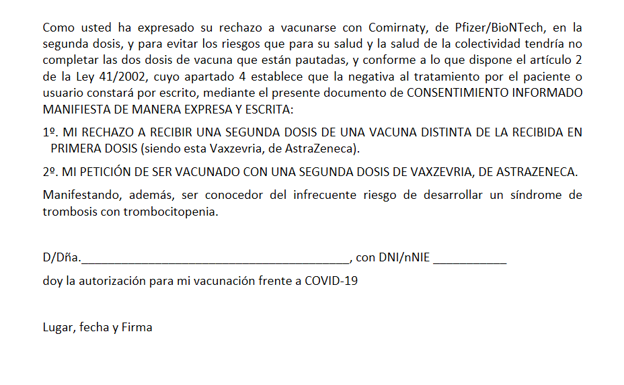 Descarga el consentimiento para rechazar la segunda dosis de Pfizer