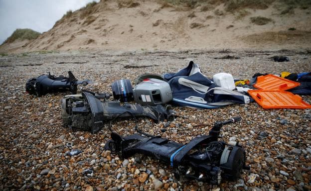 Engines and remains of inflatable boats, abandoned on the French beaches of the English Channel by immigrants trying to reach the United Kingdom.