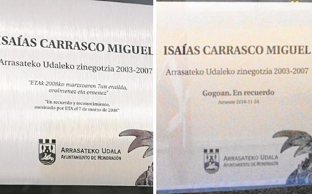 Arrasate sustituye la placa de Carrasco para explicitar que fue asesinado por ETA
