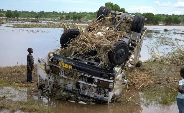 An overturned truck after the passage of storm Ana in southern Africa. 