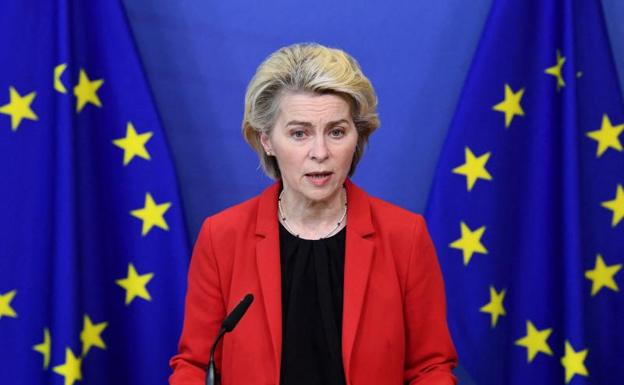 European Commission President Ursula von der Leyen gives a statement on Ukraine at the EU headquarters in Brussels.