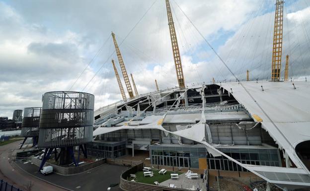 The Millennium Tent, at the O2 Arena in London, ripped apart by strong gusts of wind.