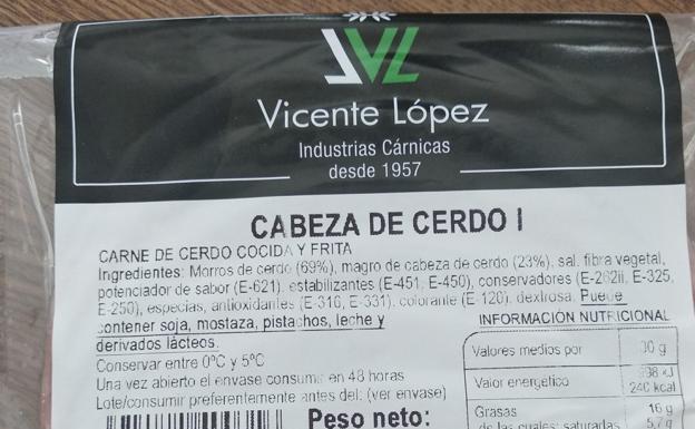 El Departamento de Salud retira de la venta e inmoviliza un lote de Cabeza de Cerdo de la marca Vicente López por contaminación de listeria