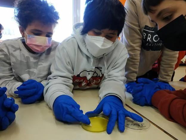 Imagen de los alumnos de cuarto de primaria realizando un experimento. 