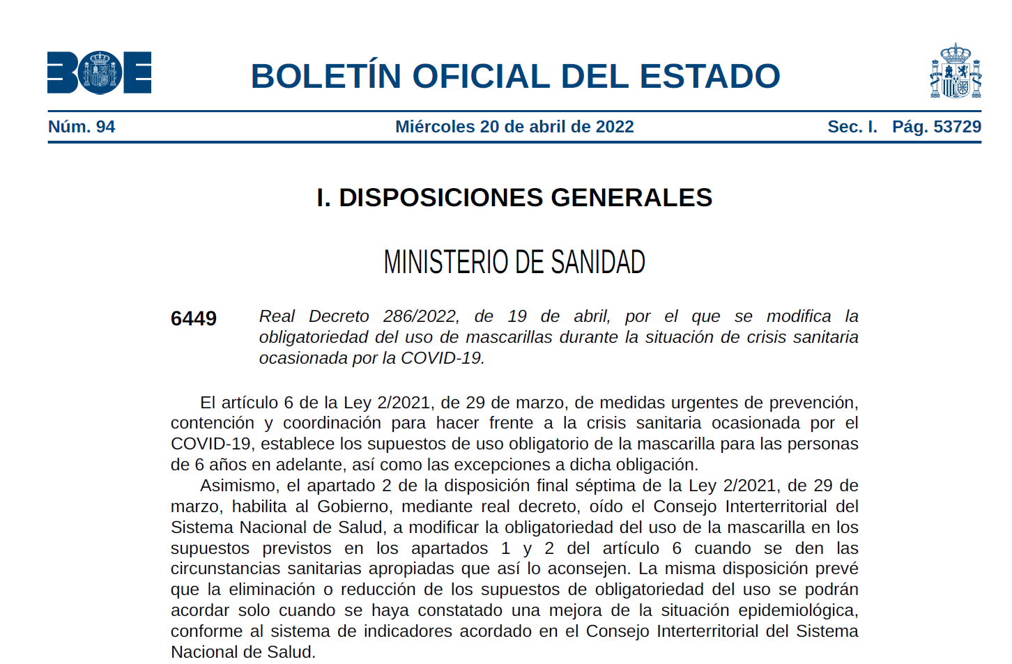 Consulta el Real Decreto por el que se modifica el uso de las mascarillas