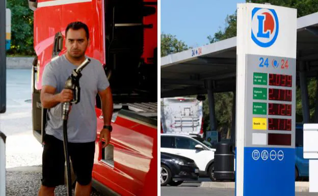 A user refuels at a gas station in Irun.  On the right, a price panel at a service station in Urrugne.