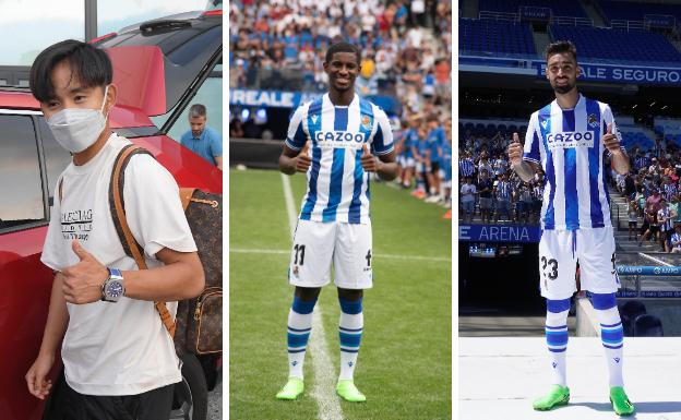 Sesión de fotos y autógrafos con los tres fichajes, hoy en la tienda de la Real del Centro de Donostia