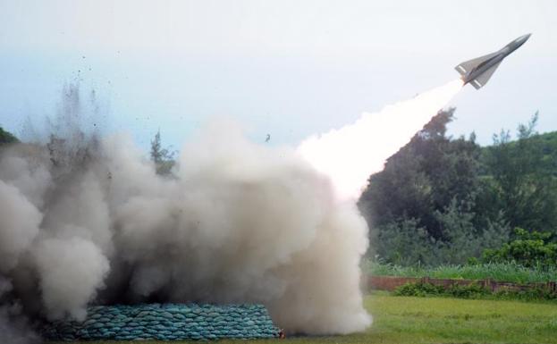 A 'Hawk' missile is launched during a live-fire drill at a military base in Chiupeng, southern Taiwan, in July 2012. 