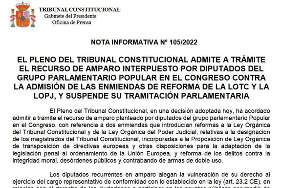 Consulta la nota íntegra del TC en la que suspende el plan judicial del Gobierno