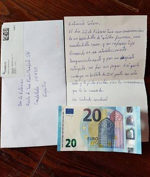 El anti-'simpa': envía una carta de disculpas y 20 euros tras irse sin pagar de un bar en Ávila